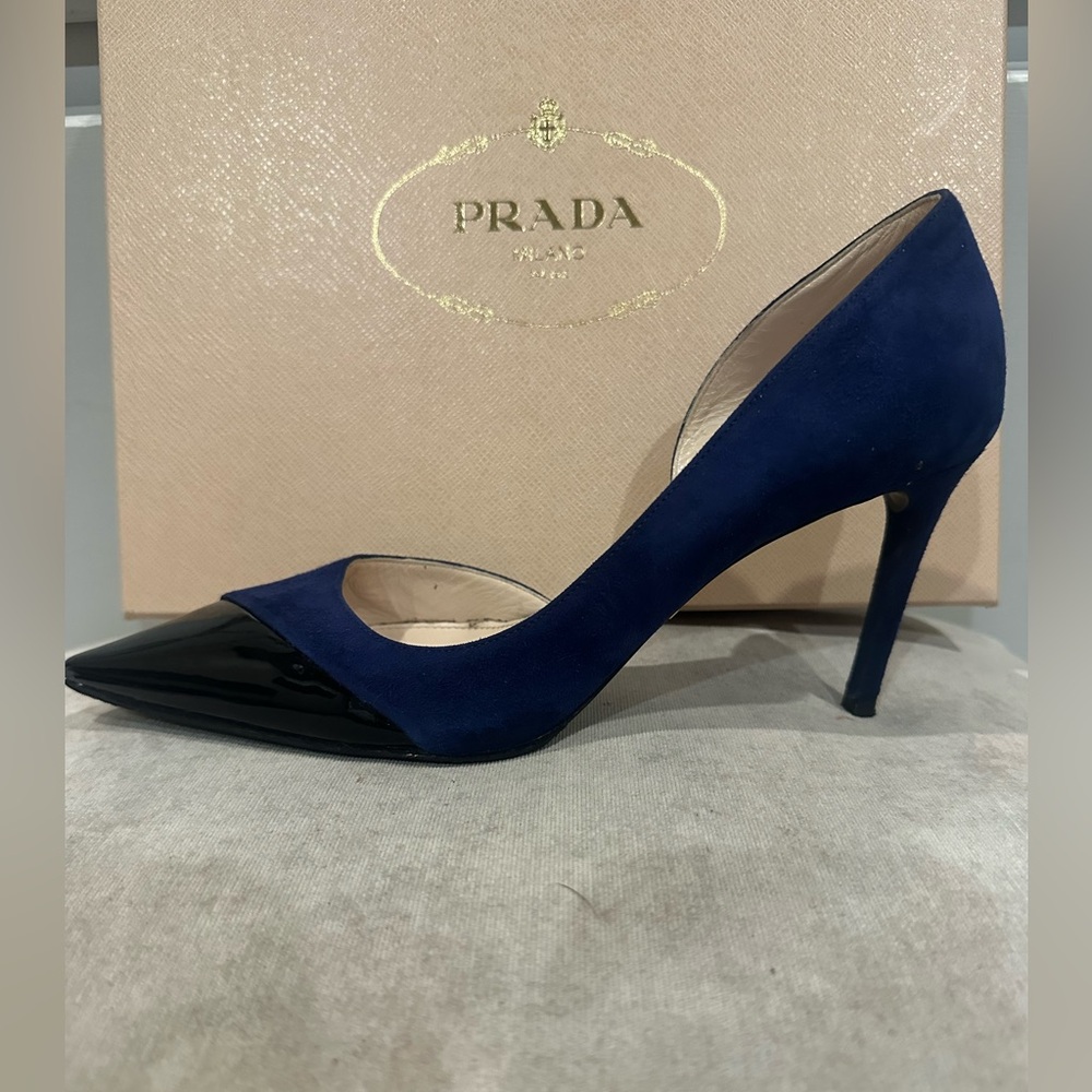 Prada Navy Suede and Black Patent Pointed-Toe Pump